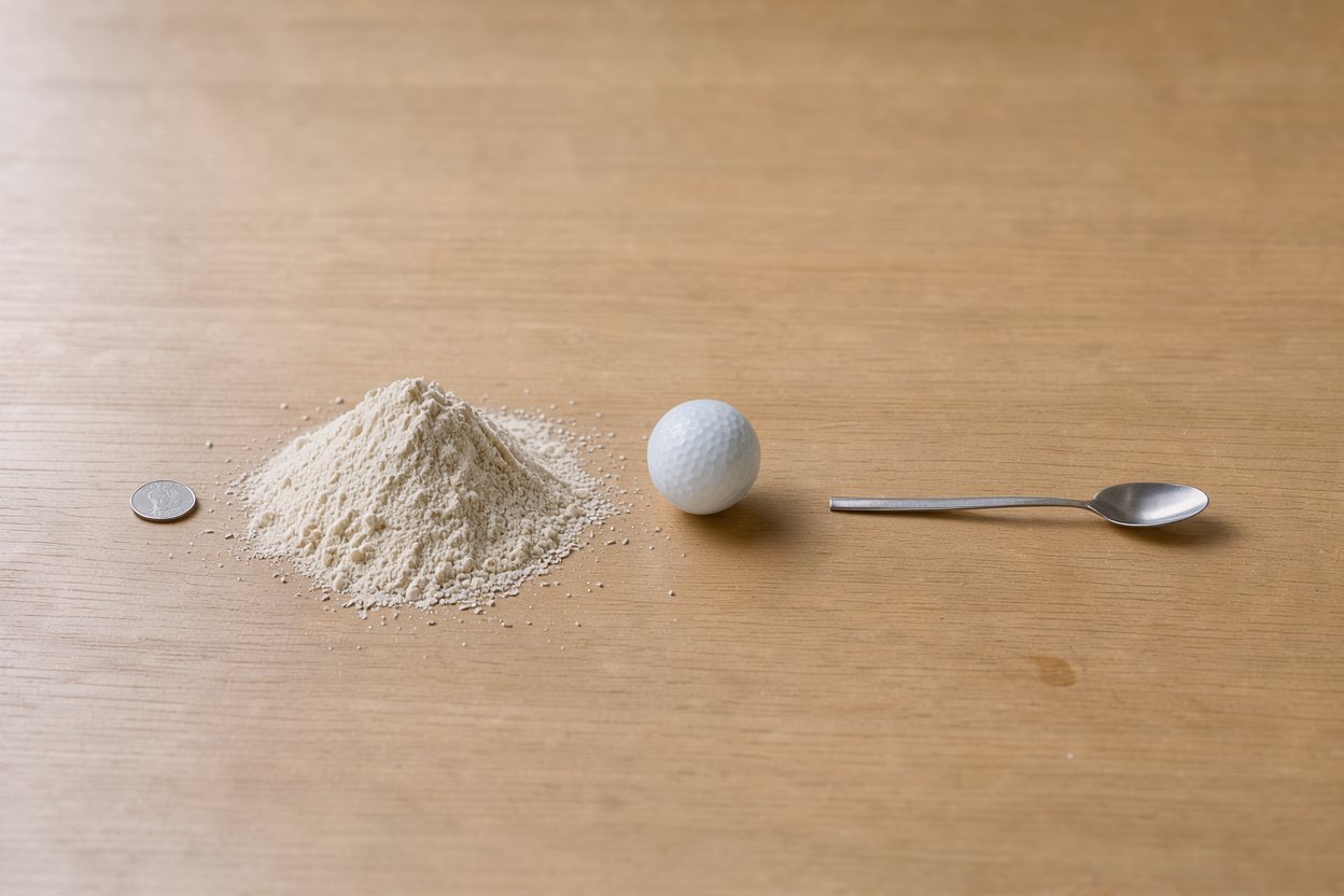 What does 1 cup of rye flour look like? Shown at true scale next to a US quarter, a golf ball and a teaspoon.