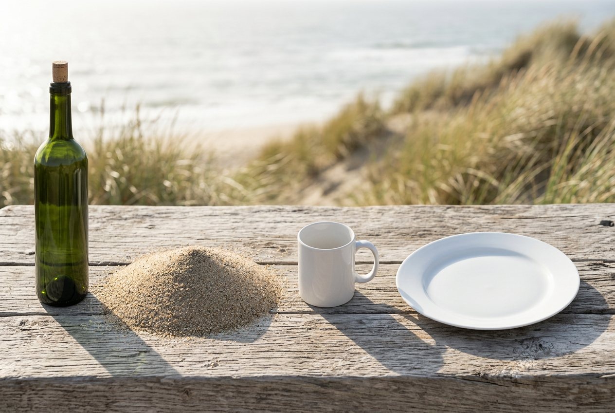 What do 1,000,000 sand grains look like? Shown at true scale next to a wine bottle, a coffee mug and a dinner plate.