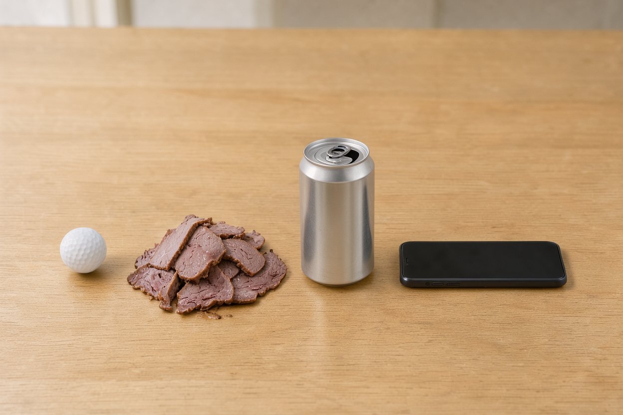 What does 150 grams of sliced roast beef look like? Shown at true scale next to a golf ball, a soda can and a smartphone.