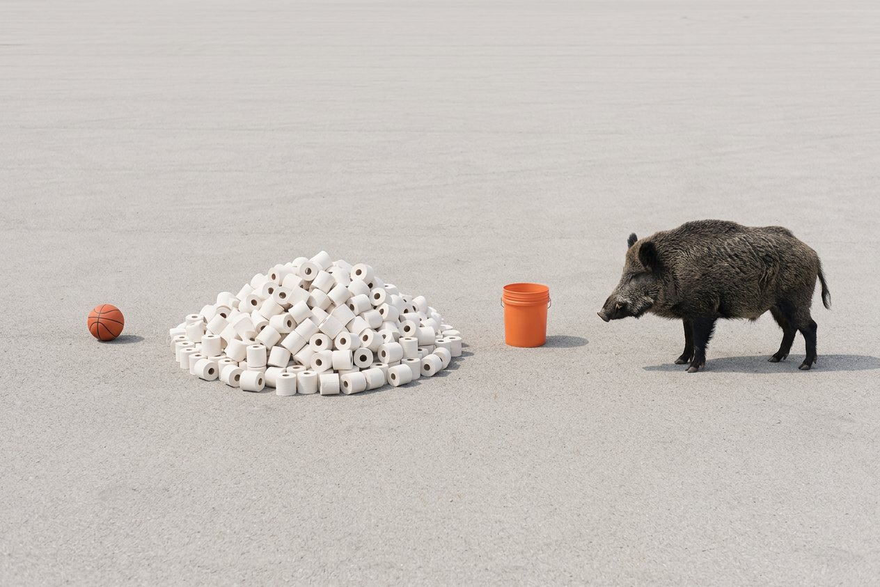How many toilet paper rolls weigh as much as a wild boar? Shown at true scale next to a basketball, a 5-gallon bucket and a wild boar.