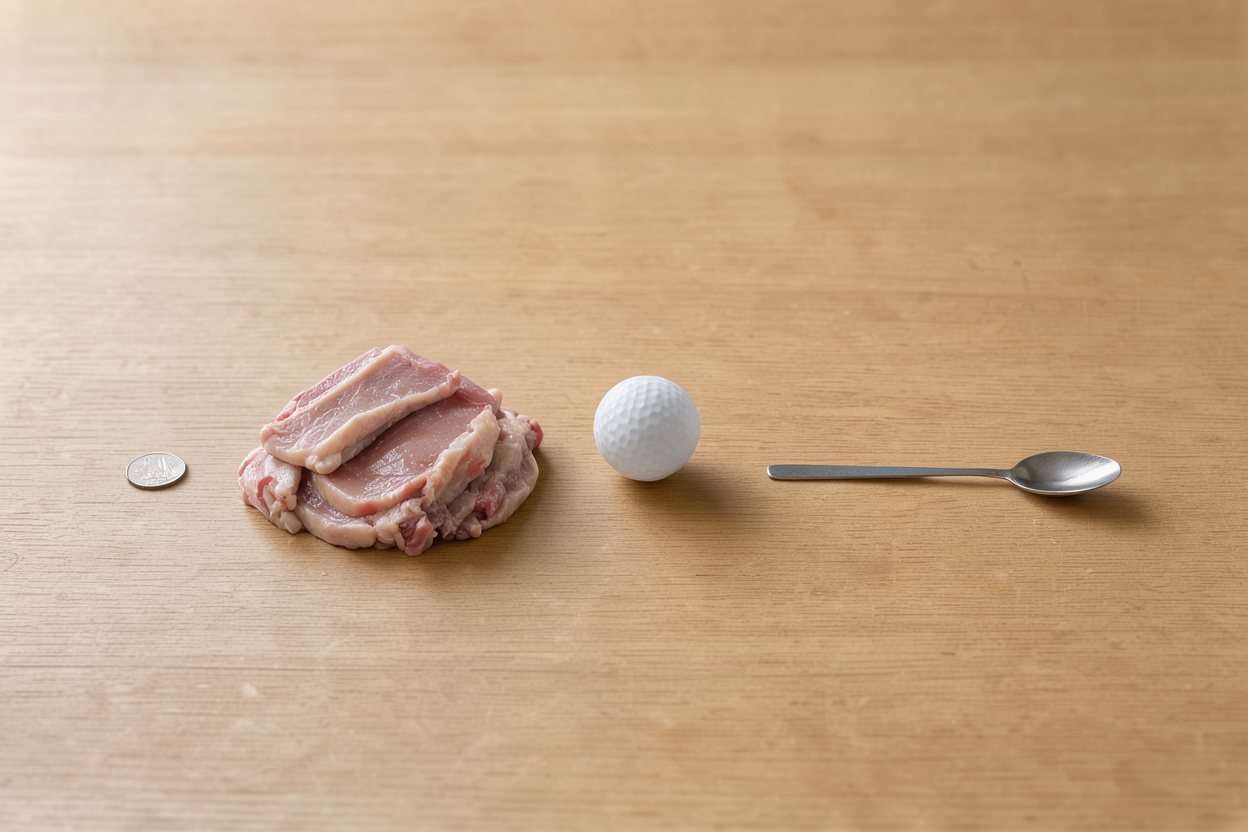 What does 250 grams of pork chops look like? Shown at true scale next to a US quarter, a golf ball and a teaspoon.