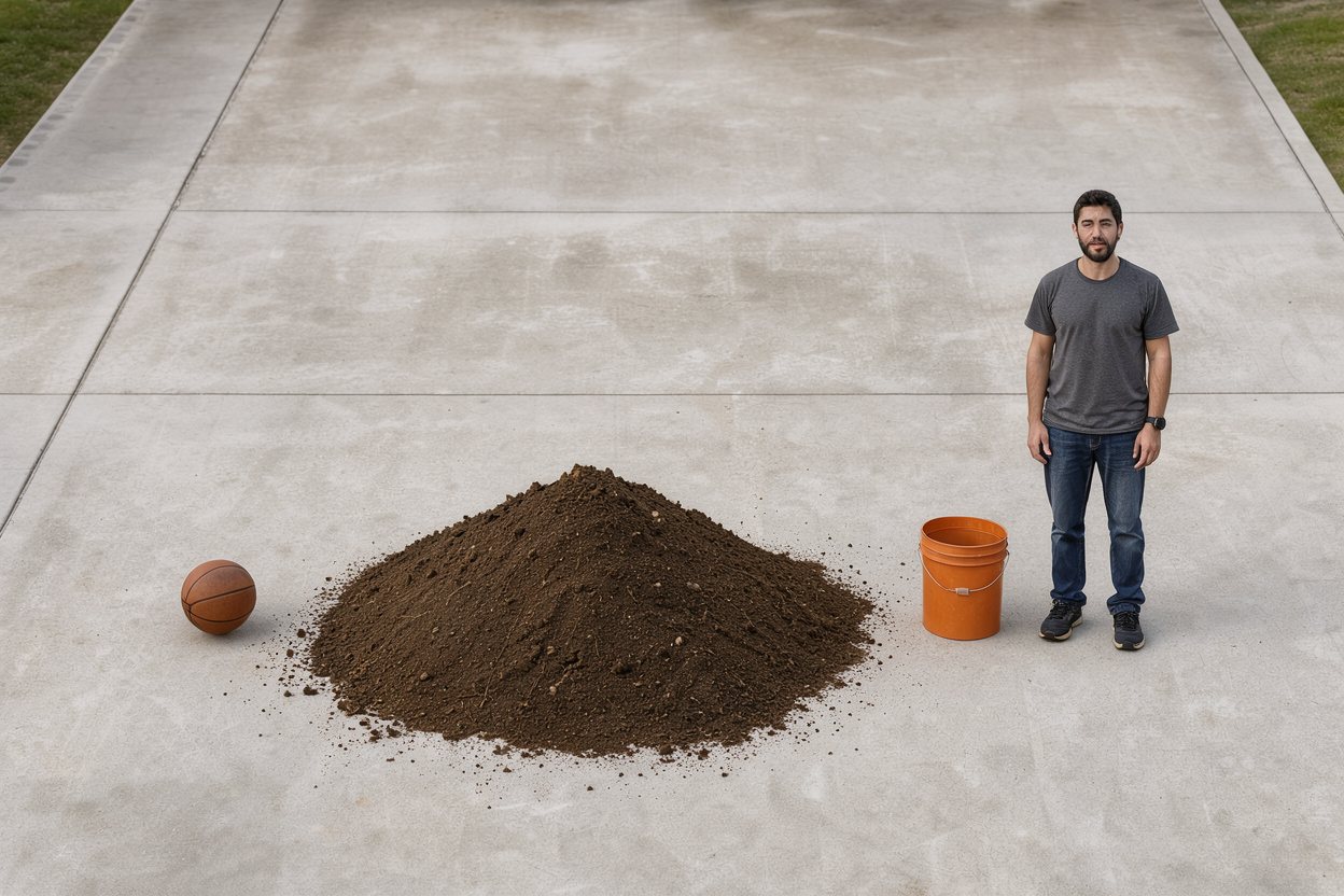 What does 20 cubic feet of topsoil look like? Shown at true scale next to a basketball, a 5-gallon bucket and an adult person.