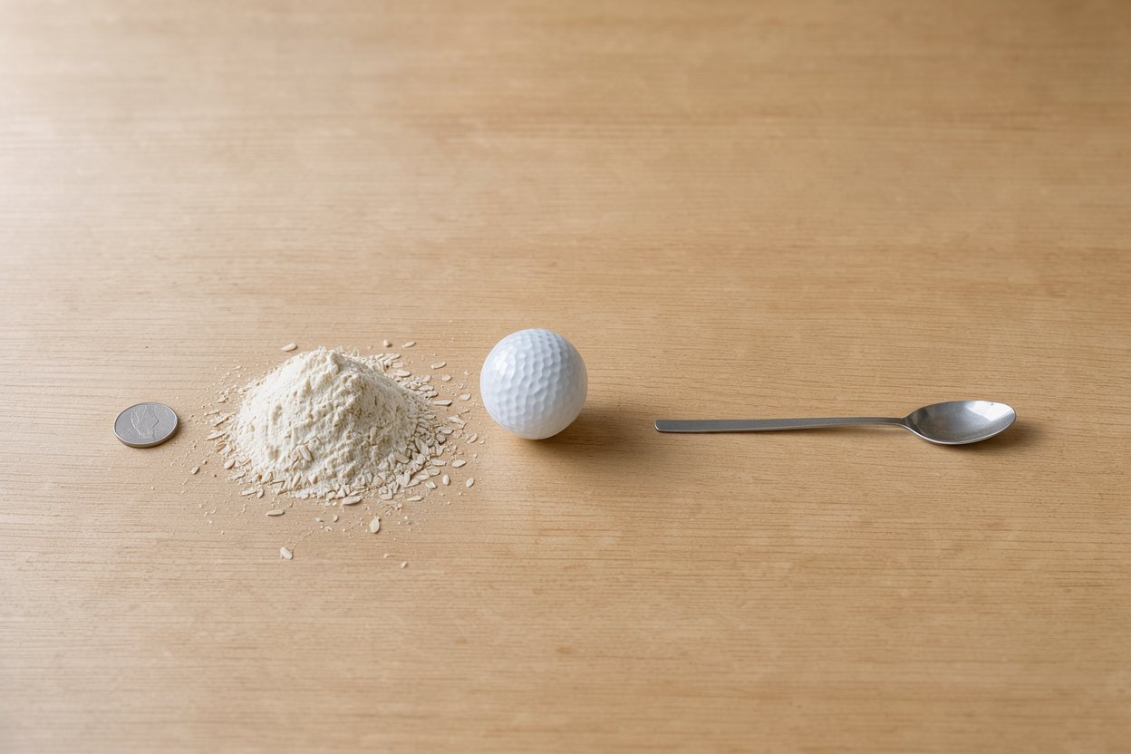What does 30 grams of oat flour look like? Shown at true scale next to a US quarter, a golf ball and a teaspoon.