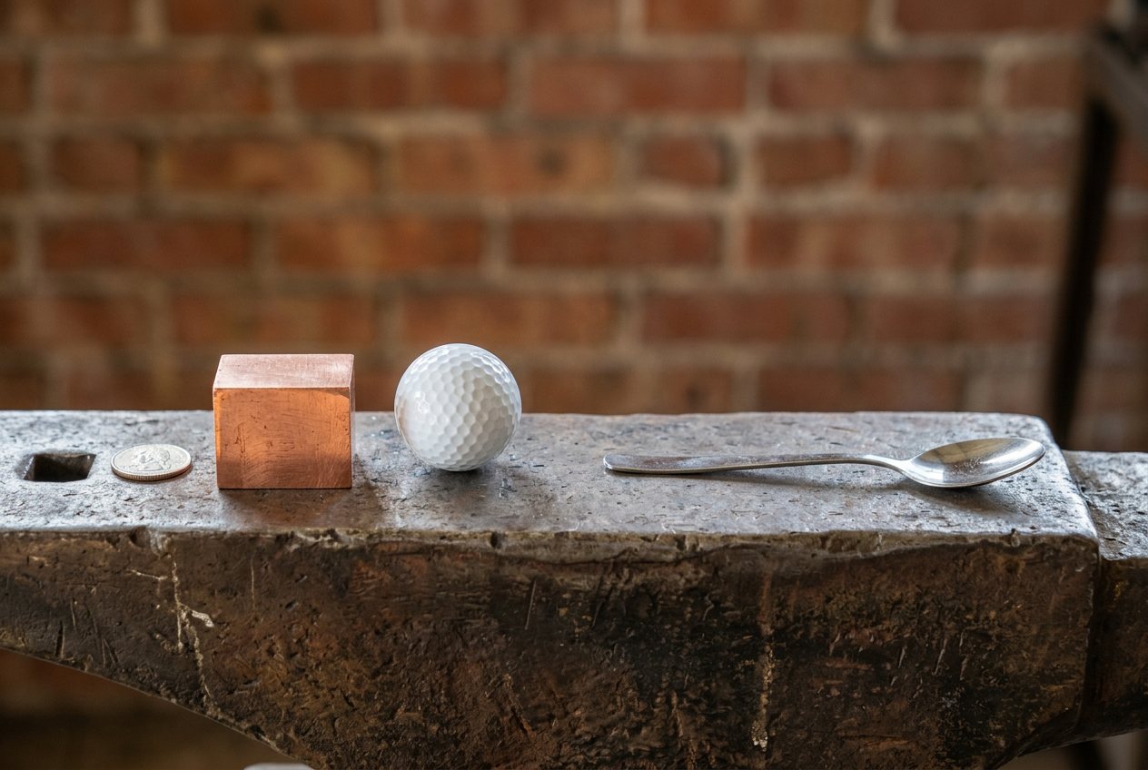 What does 1 pound of copper look like? Shown at true scale next to a US quarter, a golf ball and a teaspoon.