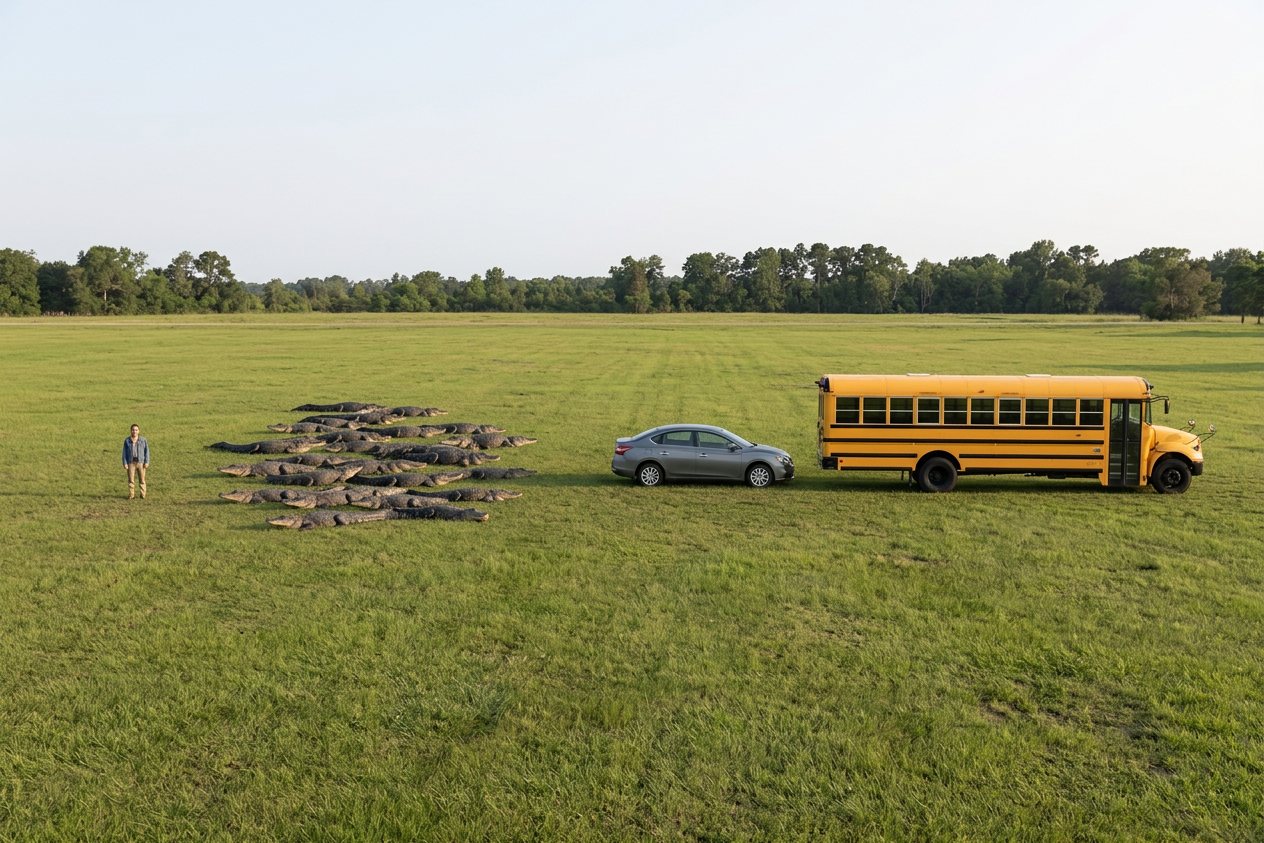 What do 30 alligators look like? Shown at true scale next to an adult person, a sedan car and a school bus.
