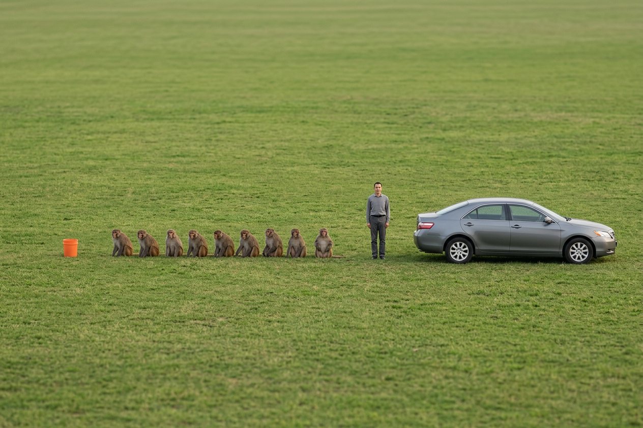 What do 9 monkeys look like? Shown at true scale next to a 5-gallon bucket, an adult person and a sedan car.