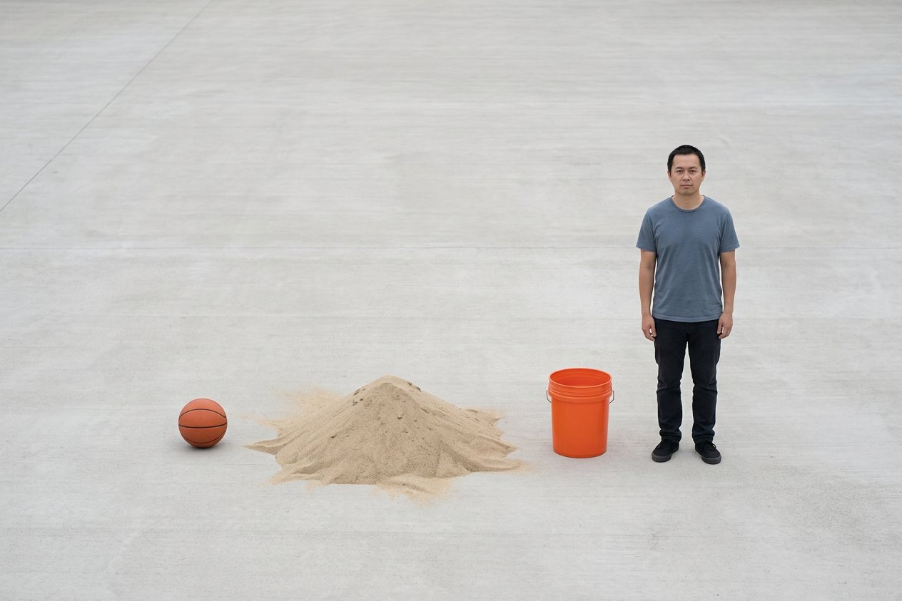 What does 500 pounds of dry sand look like? Shown at true scale next to a basketball, a 5-gallon bucket and an adult person.