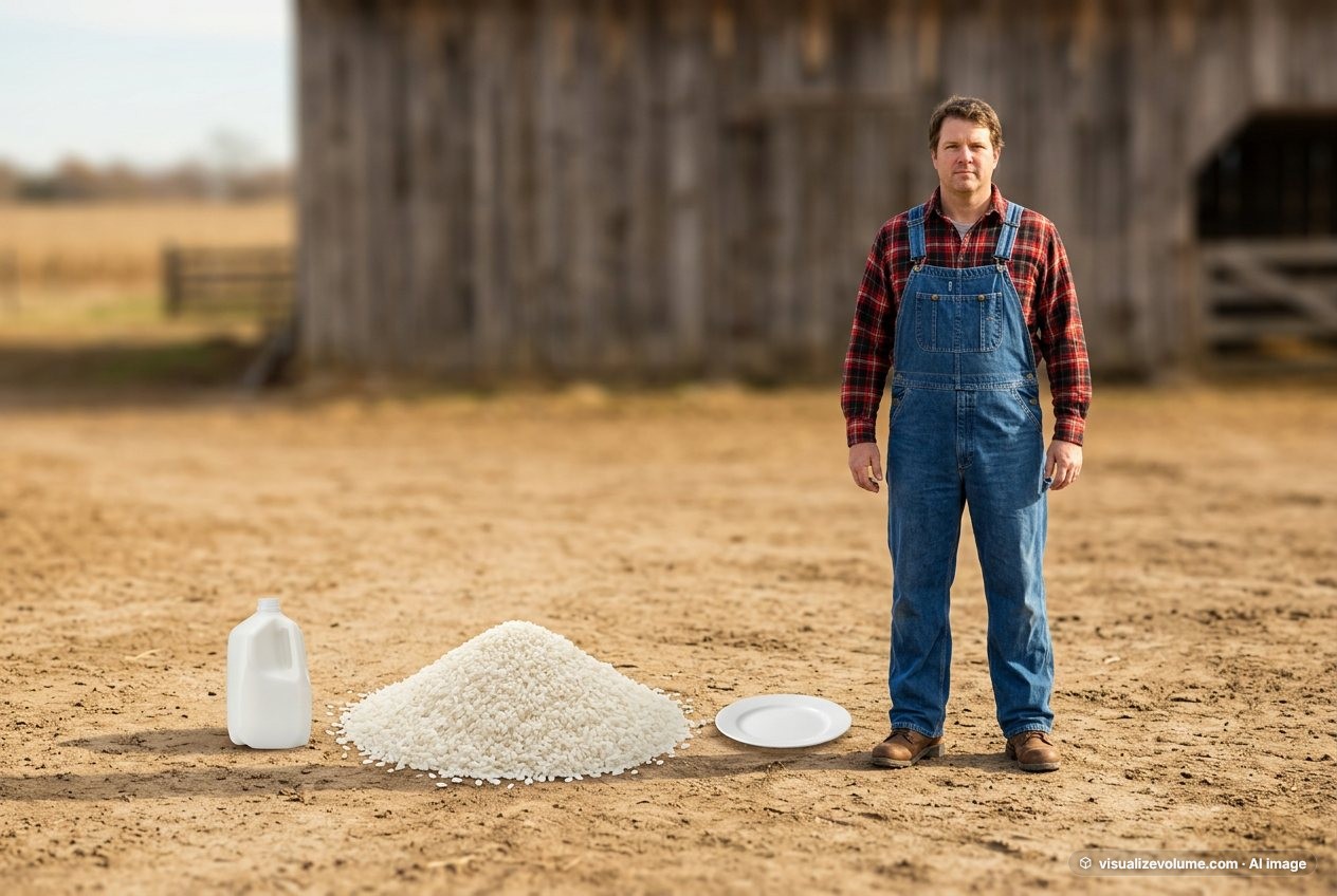 What do 1,000,000 rice grains look like? Shown at true scale next to a gallon milk jug, a dinner plate and an adult person.