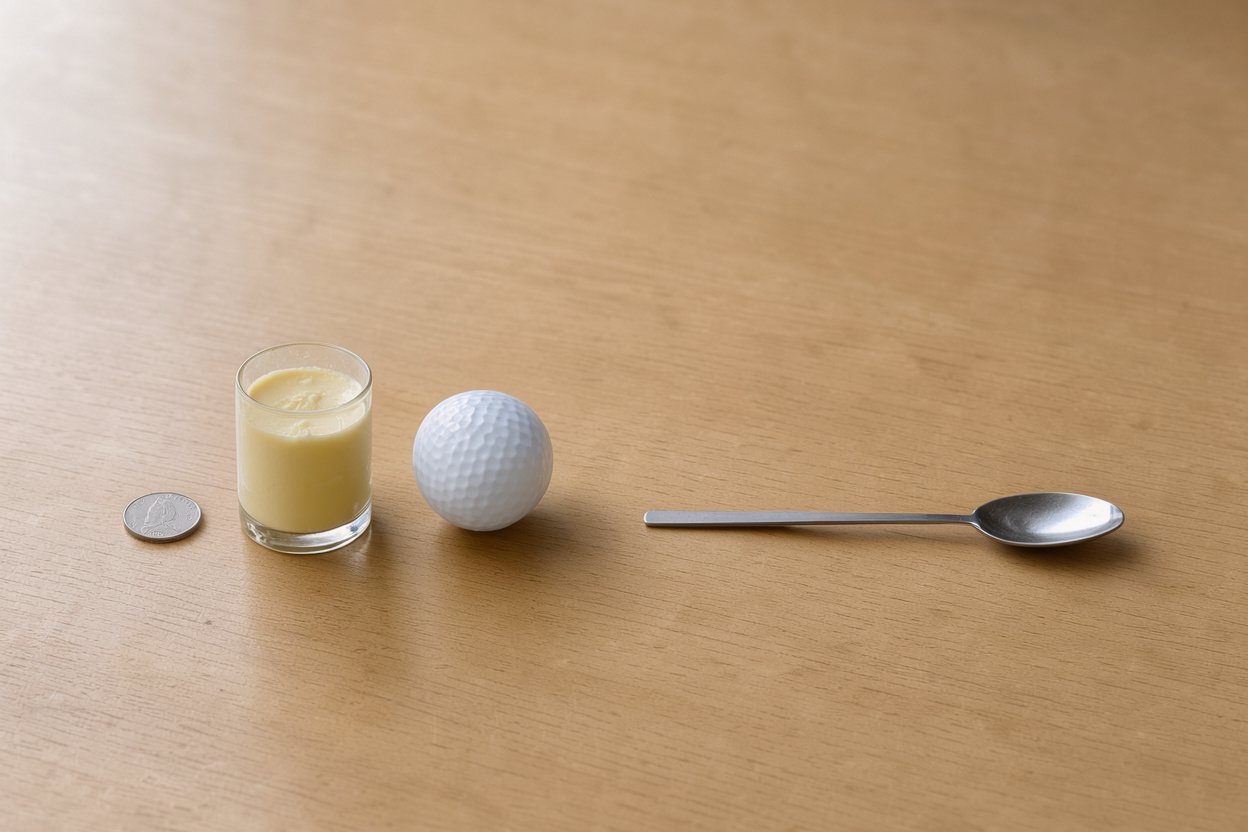 What does 50 grams of butter look like? Shown at true scale next to a US quarter, a golf ball and a teaspoon.