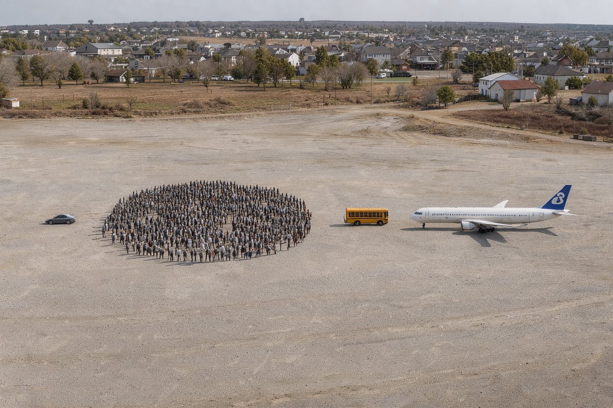What do 10,000 people look like? Shown at true scale next to a sedan car, a school bus and a semi truck.