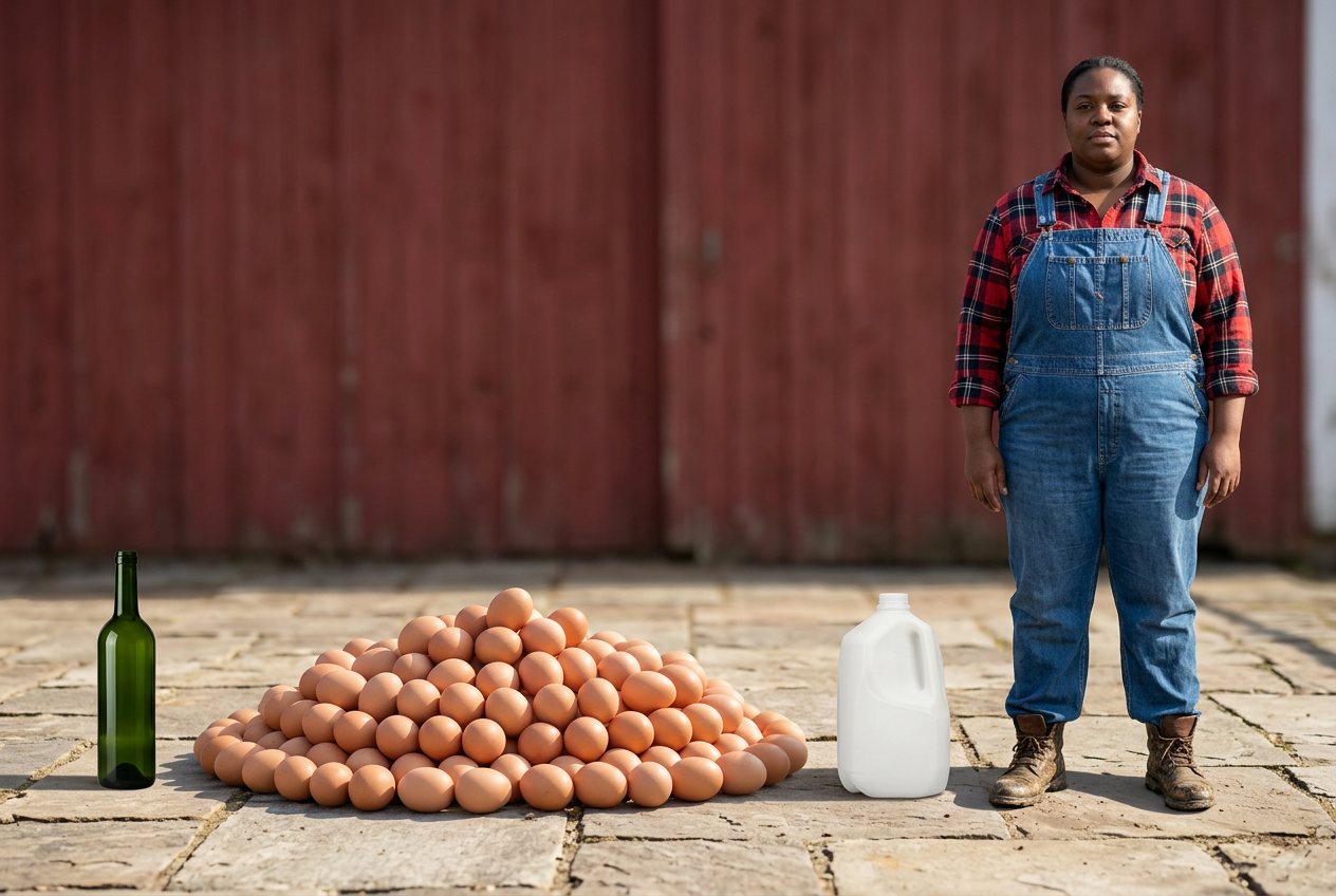 What do 1,000 eggs look like? Shown at true scale next to a wine bottle, a gallon milk jug and an adult person.