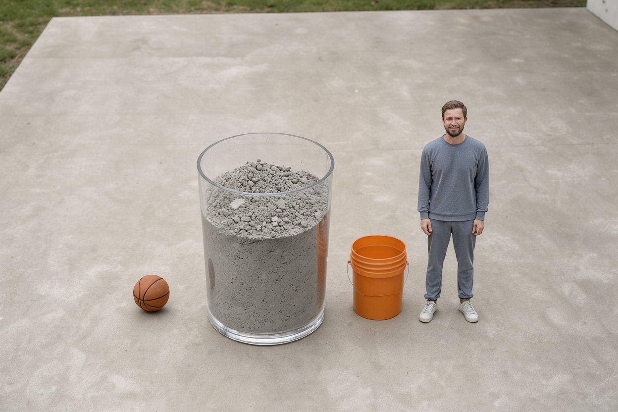 What does 1 cubic yard of mixed concrete look like? Shown at true scale next to a basketball, a 5-gallon bucket and an adult person.