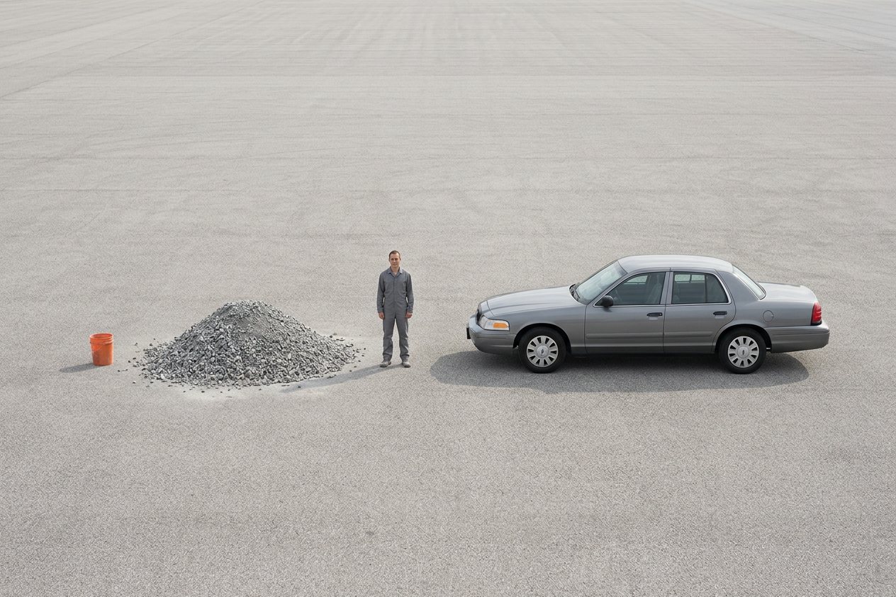 What does 2.5 cubic yards of crushed limestone look like? Shown at true scale next to a 5-gallon bucket, an adult person and a sedan car.