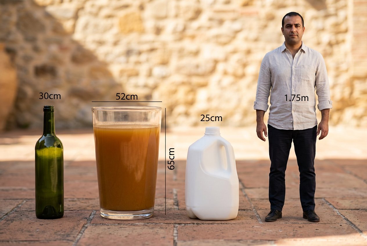 What does 31.3 gallons of soup look like? Shown at true scale next to a wine bottle, a gallon milk jug and an adult person.