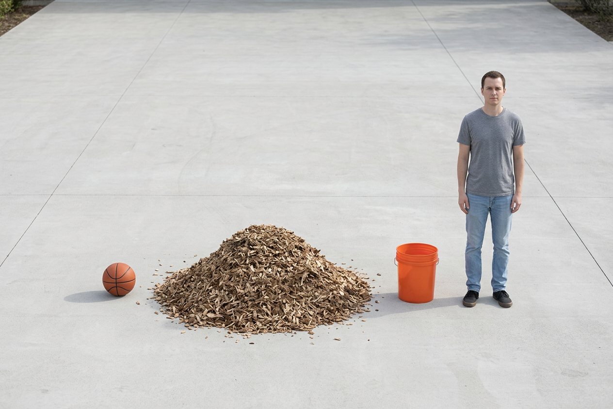What does 12.5 cubic feet of wood chips look like? Shown at true scale next to a basketball, a 5-gallon bucket and an adult person.