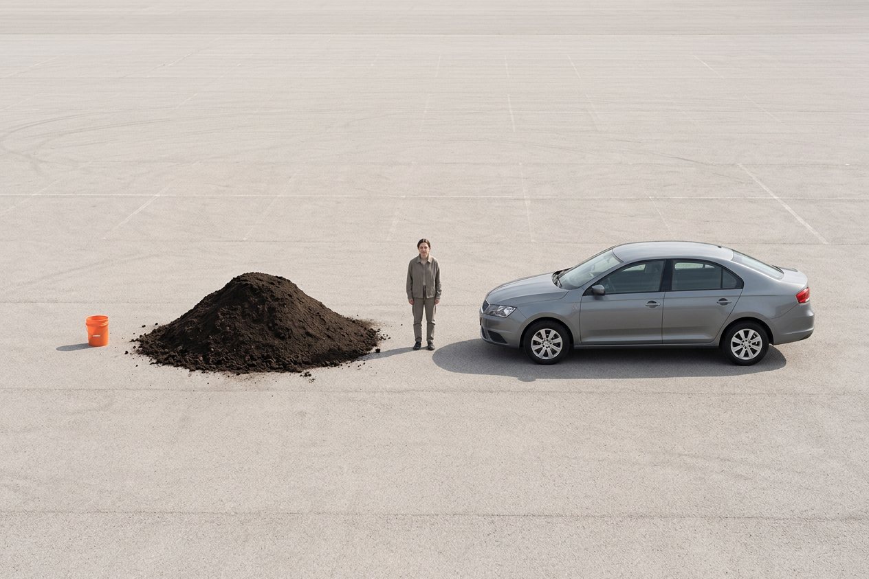 What does 5 cubic yards of topsoil look like? Shown at true scale next to a 5-gallon bucket, an adult person and a sedan car.