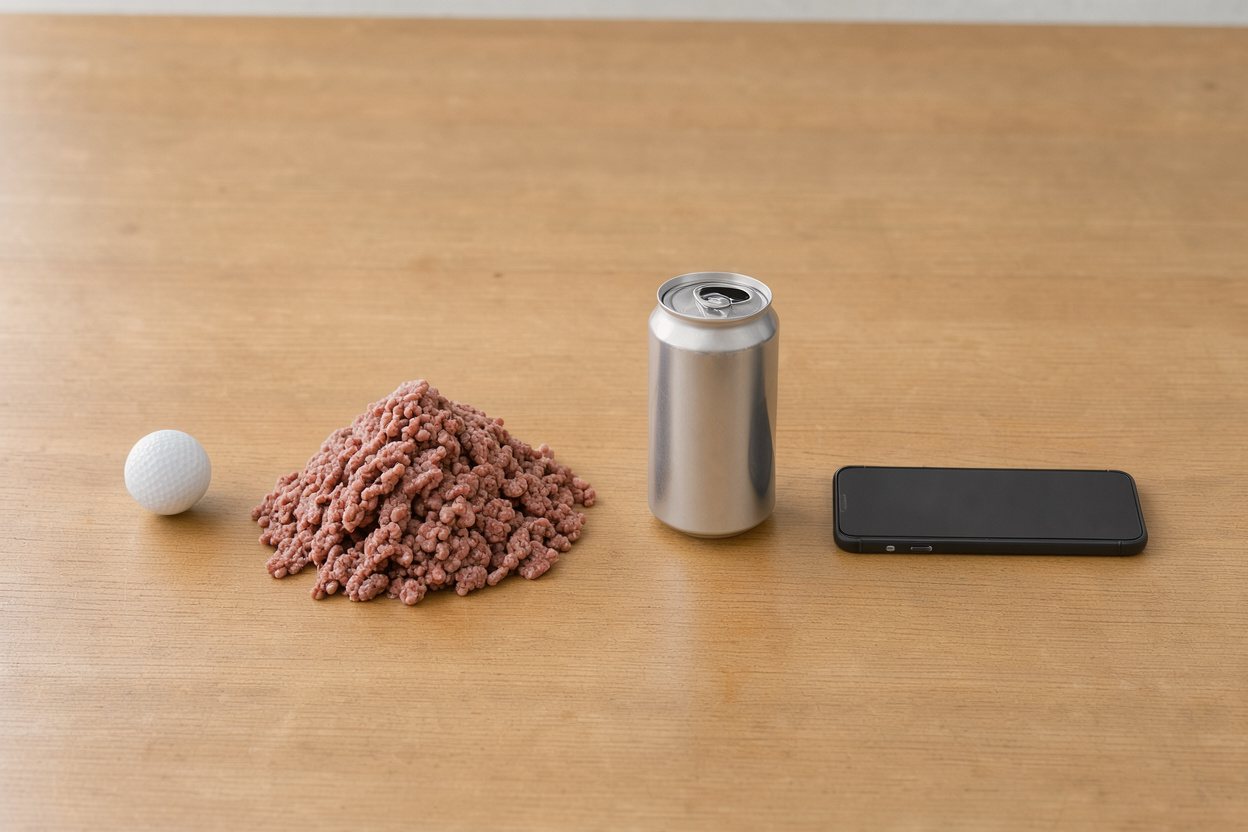 What does 1 pound of ground beef look like? Shown at true scale next to a golf ball, a soda can and a smartphone.