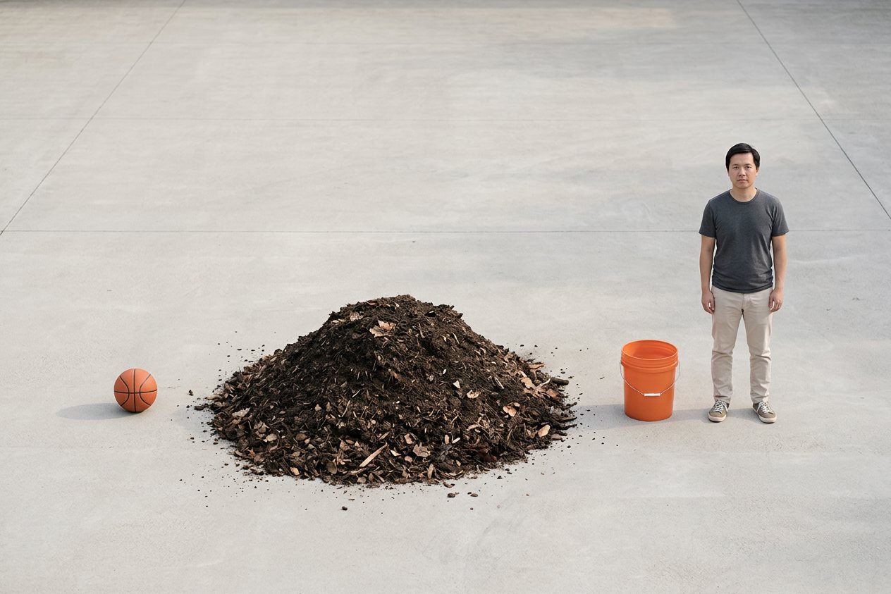 What does 1 cubic yard of compost look like? Shown at true scale next to a basketball, a 5-gallon bucket and an adult person.