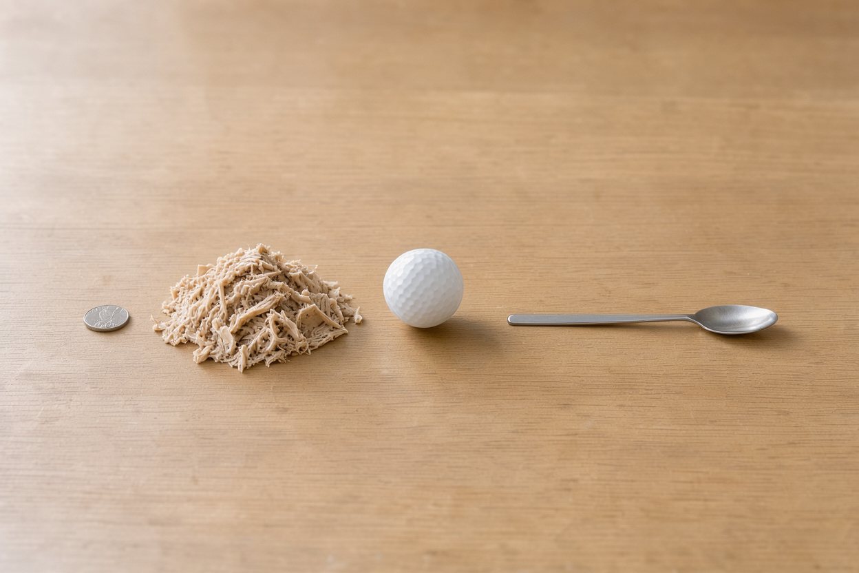 What does 100 grams of canned tuna look like? Shown at true scale next to a US quarter, a golf ball and a teaspoon.