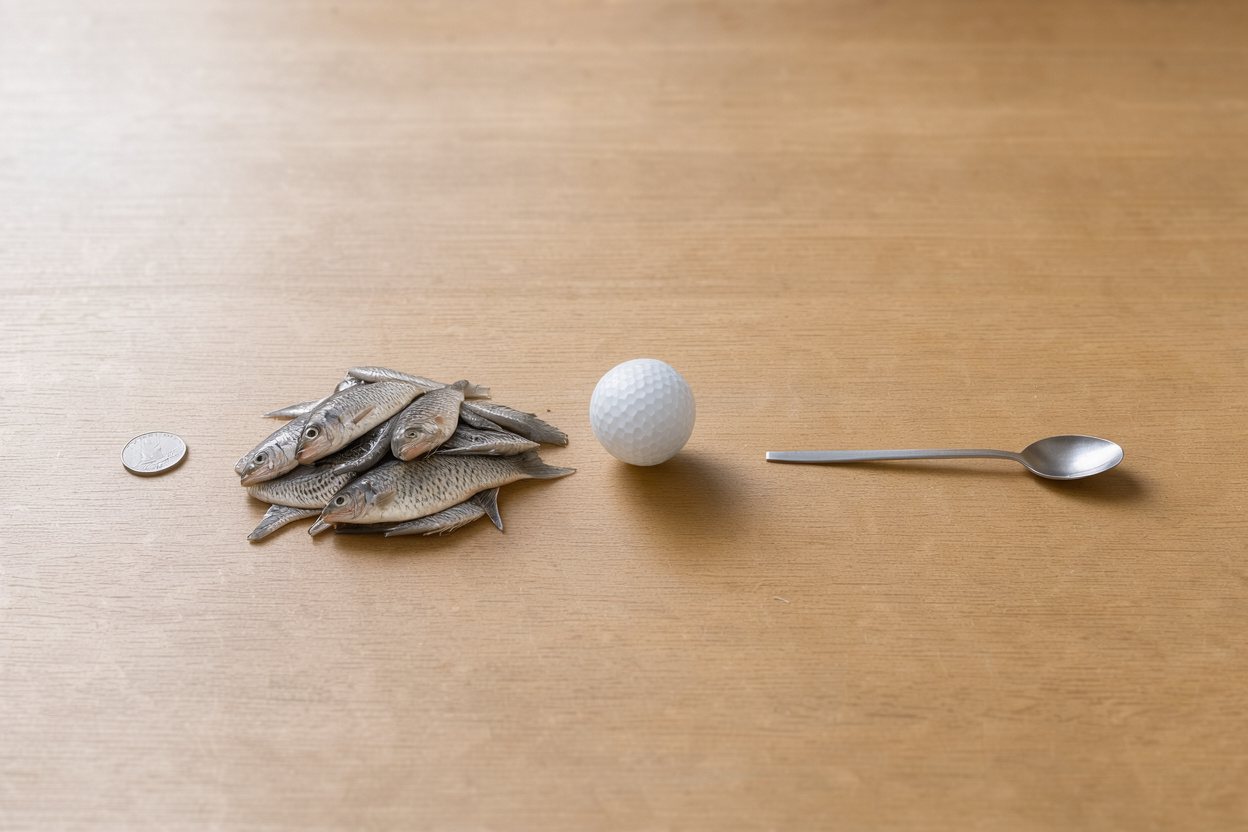 What does 150 grams of tilapia look like? Shown at true scale next to a US quarter, a golf ball and a teaspoon.