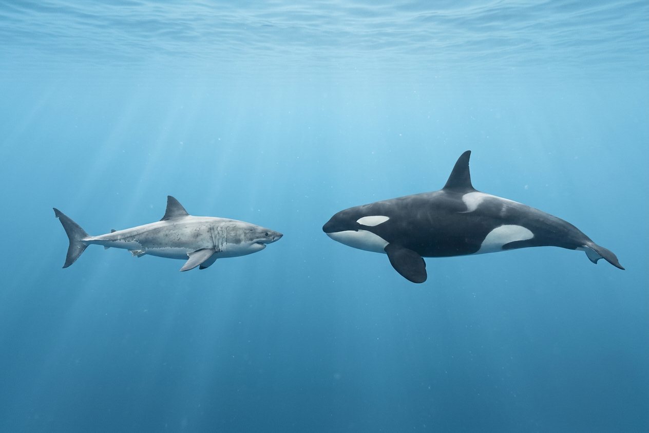 Great white shark vs killer whale: size comparison