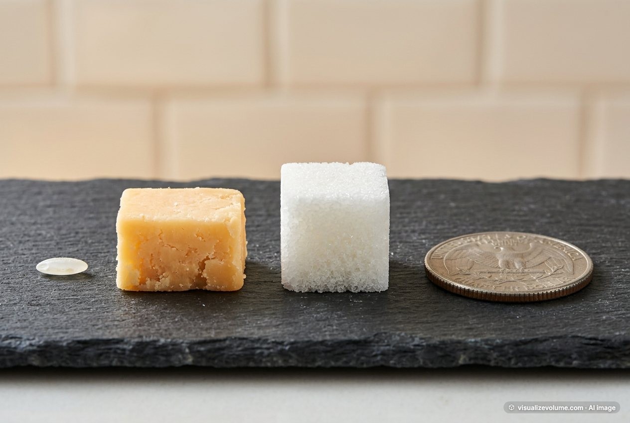 What does 3 grams of cheddar cheese look like? Shown at true scale next to a grain of rice, a sugar cube and a US quarter.