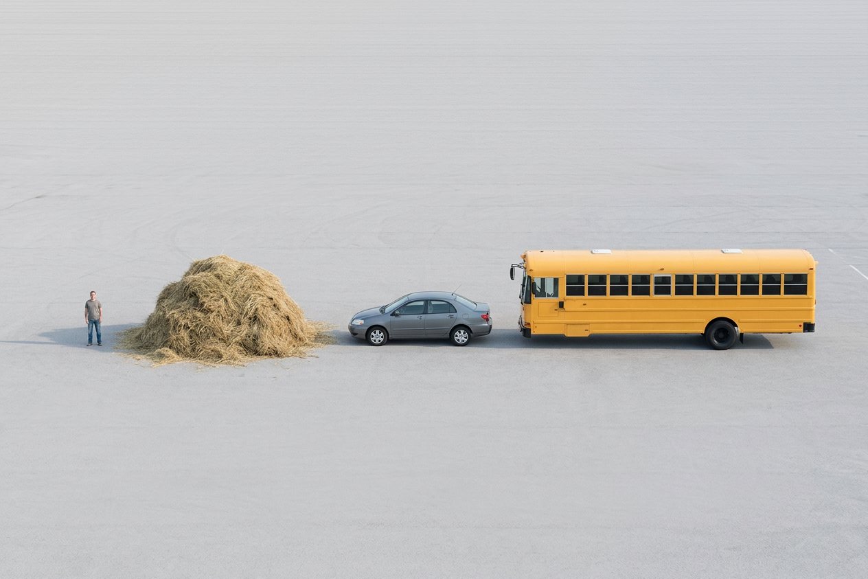 What does 5 tons of hay look like? Shown at true scale next to an adult person, a sedan car and a school bus.