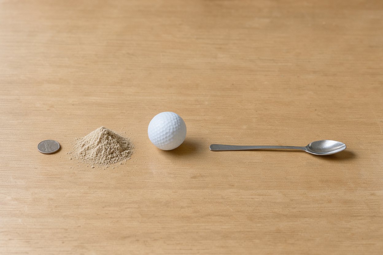 What does 15 grams of beef bone broth powder look like? Shown at true scale next to a US quarter, a golf ball and a teaspoon.