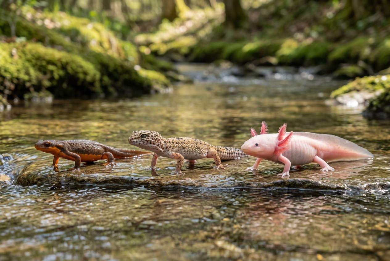 Orange-bellied newt vs gecko vs axolotl: size comparison