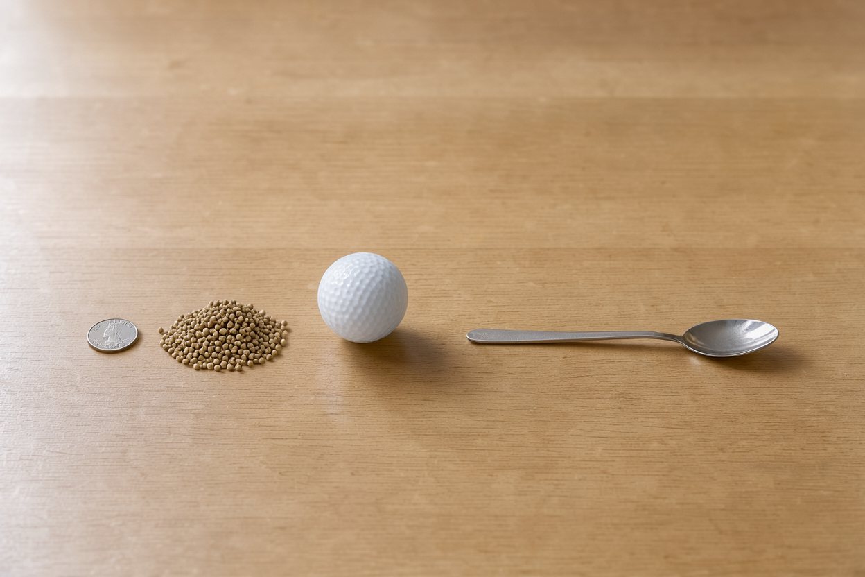 What does 1 tablespoon of coriander seeds look like? Shown at true scale next to a US quarter, a golf ball and a teaspoon.