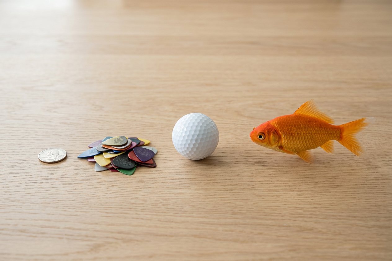 How many guitar picks weigh as much as a goldfish? Shown at true scale next to a US quarter, a golf ball and a goldfish.