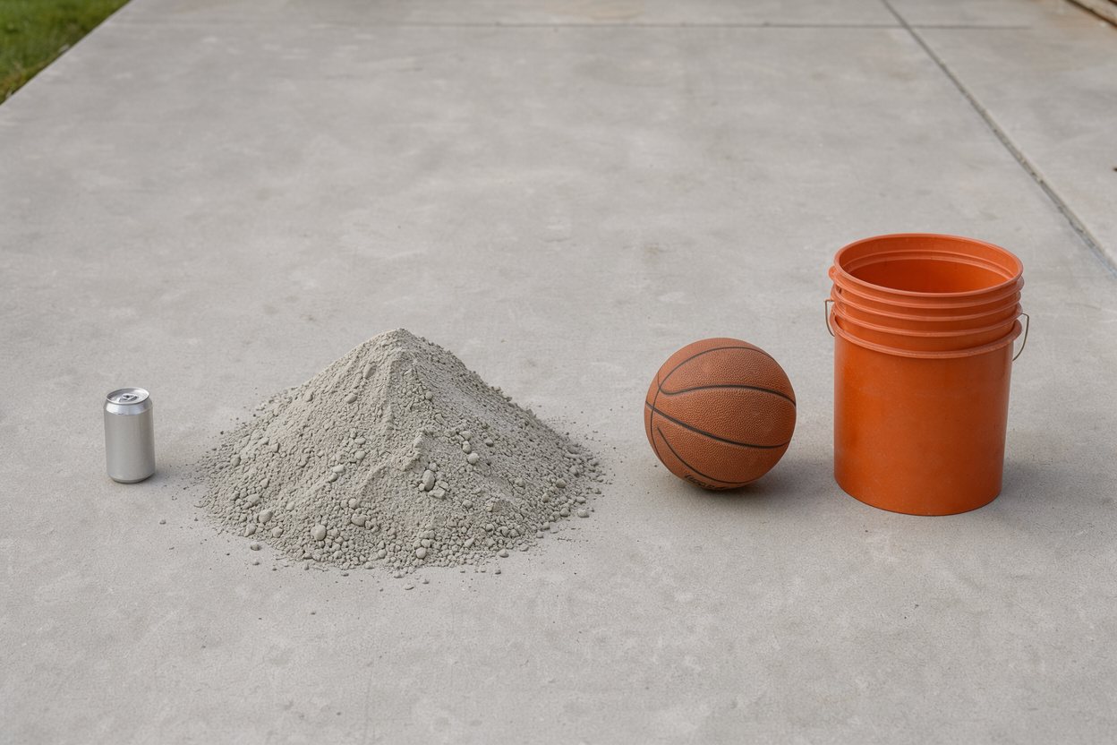 What does 120 pounds of dry concrete mix look like? Shown at true scale next to a soda can, a basketball and a 5-gallon bucket.