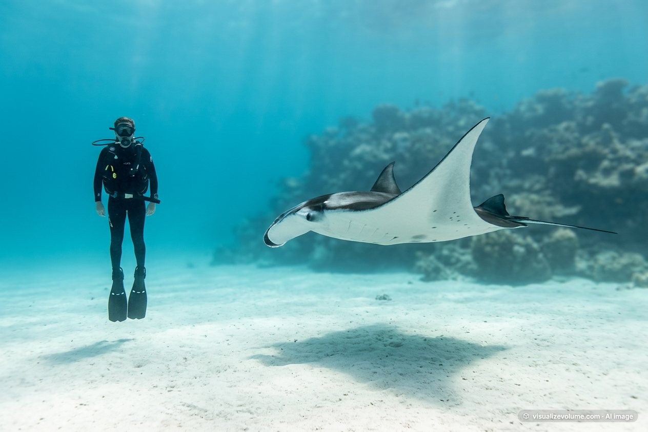 Scuba diver, in “Scuba diver vs manta ray”