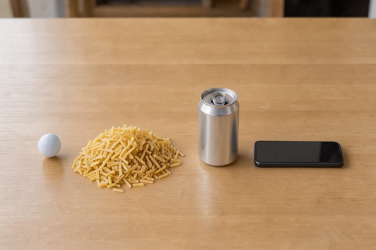 What does 250 grams of dry pasta look like? Shown at true scale next to a golf ball, a soda can and a smartphone.