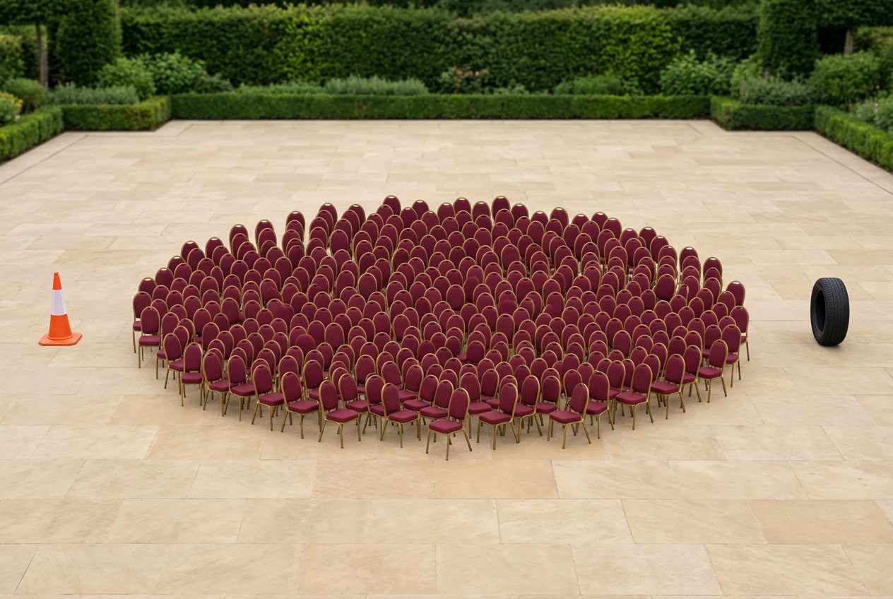 What do 500 banquet chairs look like? Shown at true scale next to a traffic cone and a car tire.