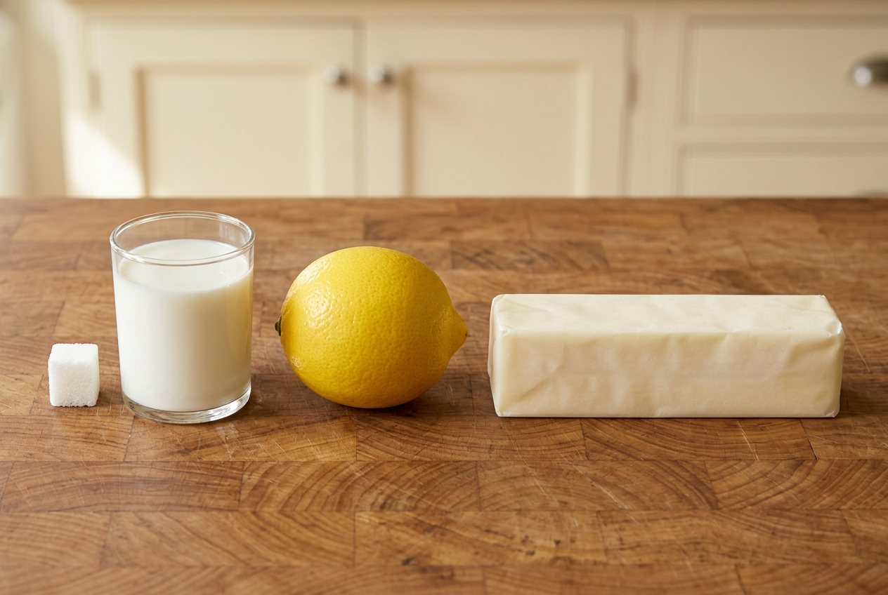 What does 100 grams of milk (whole) look like? Shown at true scale next to a sugar cube, a lemon and a stick of butter.