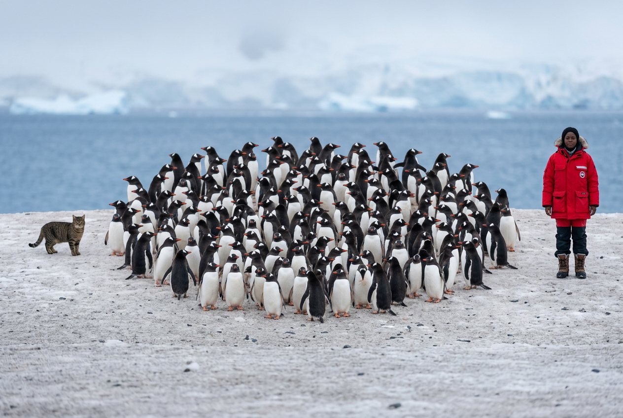 What do 200 gentoo penguins look like? Shown at true scale next to a house cat and an adult person.