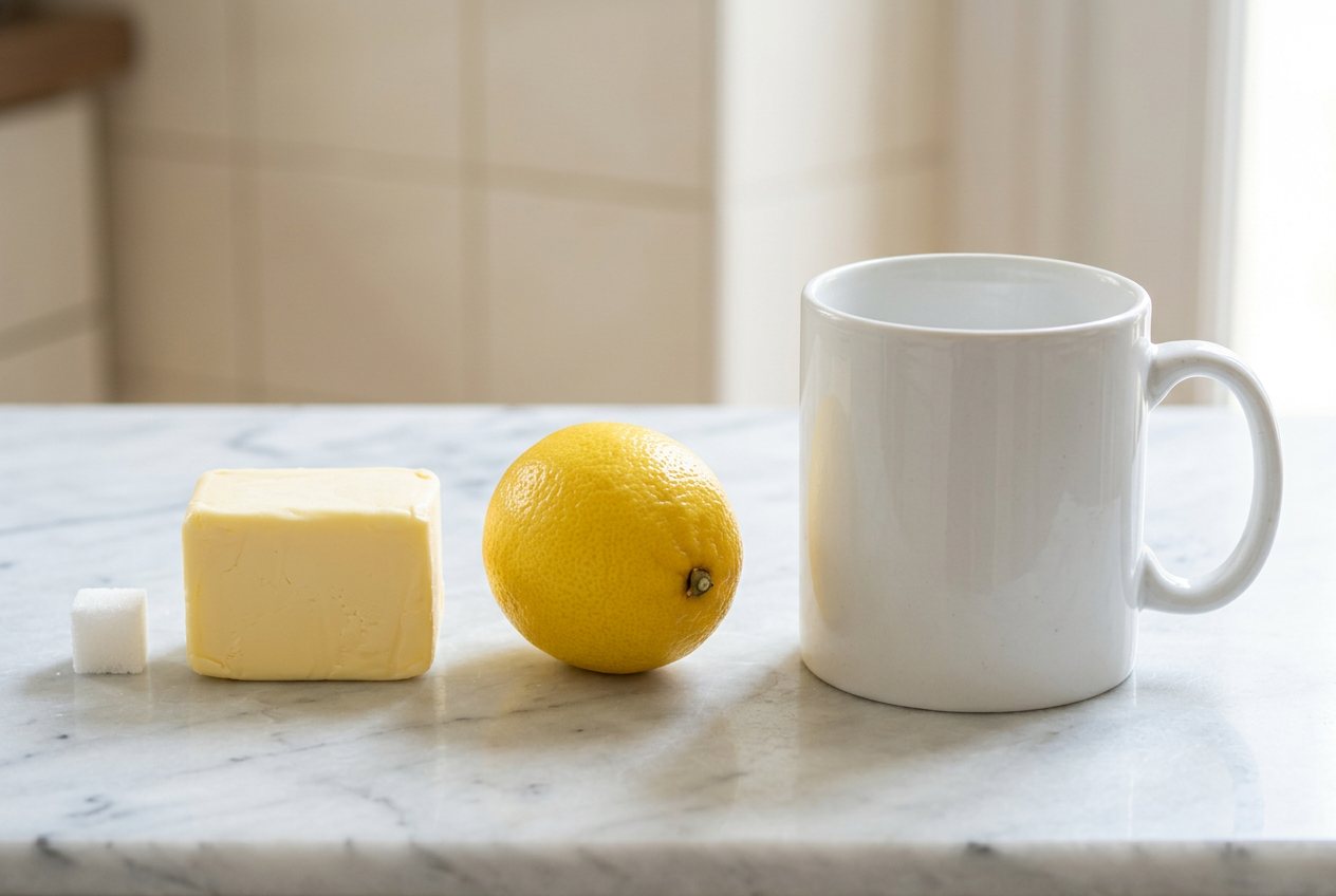 What does 0.5 cups of butter look like? Shown at true scale next to a sugar cube, a lemon and a coffee mug.