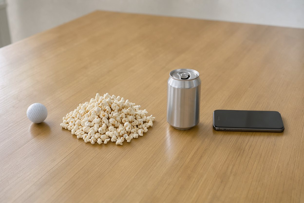 What does 3 cups of popcorn look like? Shown at true scale next to a golf ball, a soda can and a smartphone.