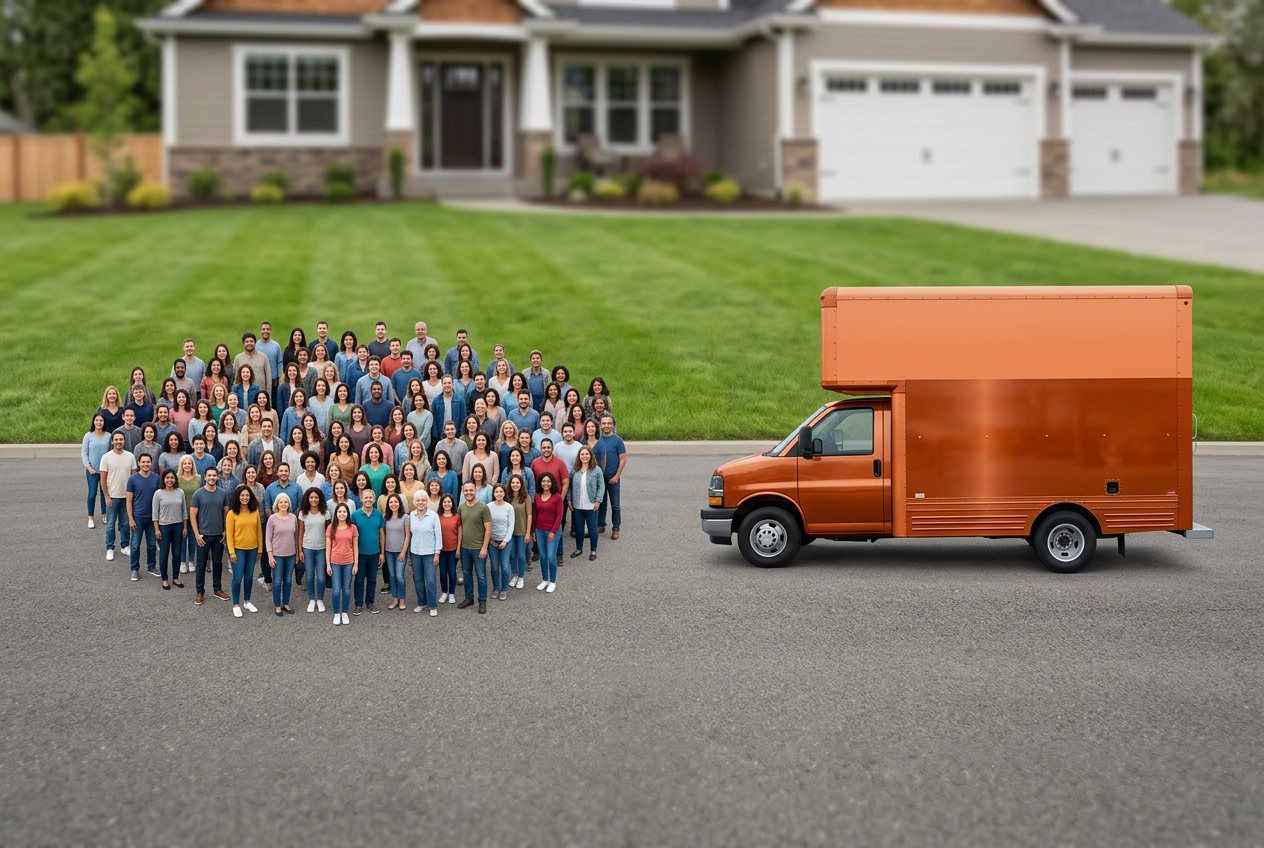 How many people would fill an u-haul truck? Shown at true scale next to an u-haul truck.