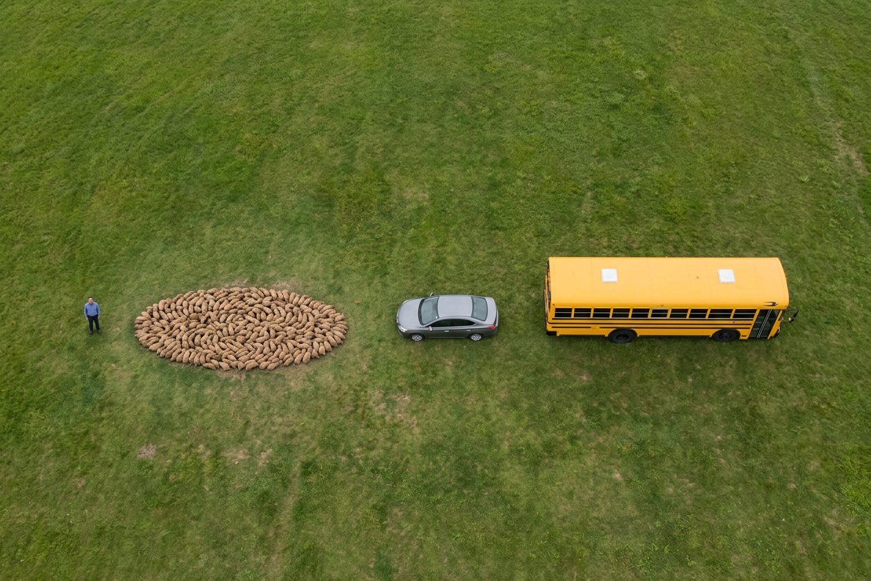 What do 1,000 prairie dogs look like? Shown at true scale next to an adult person, a sedan car and a school bus.