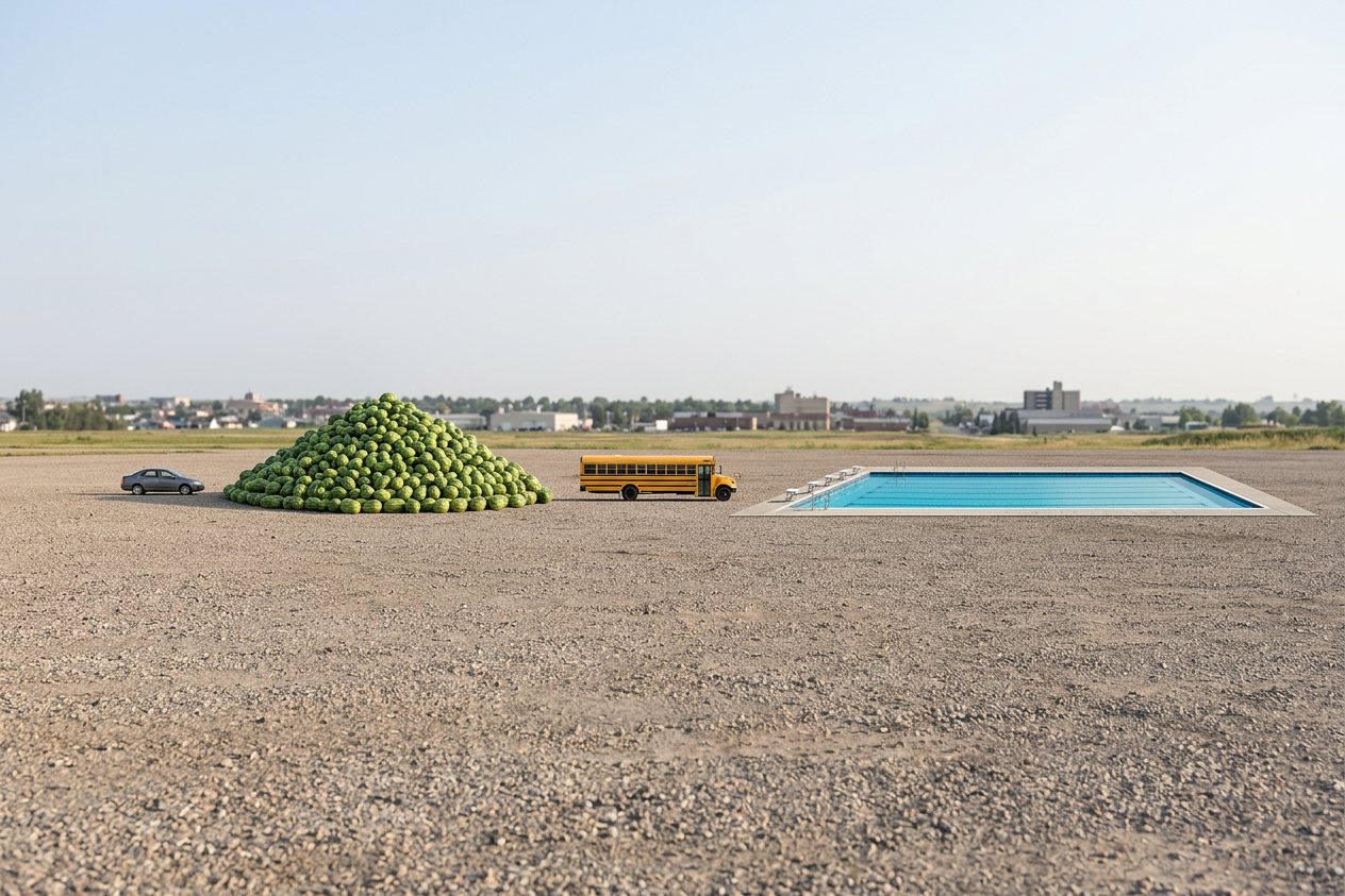 How many watermelons would fill an olympic swimming pool? Shown at true scale next to a sedan car, a school bus and an olympic swimming pool.