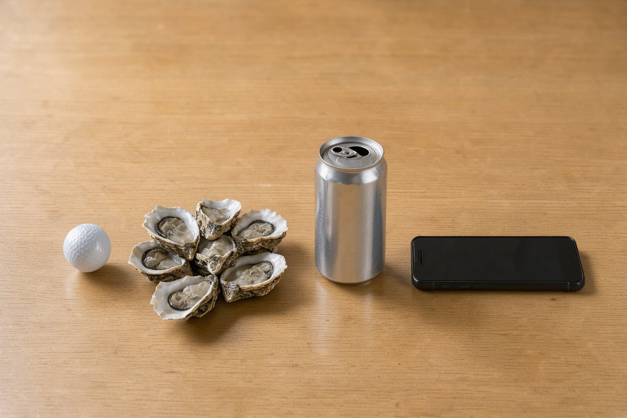 What does 1 cup of raw oysters look like? Shown at true scale next to a golf ball, a soda can and a smartphone.