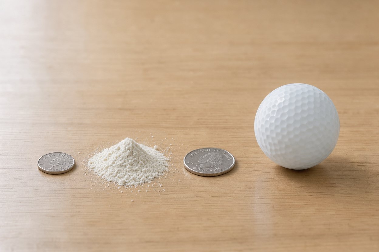 What does 3 grams of l-carnitine powder look like? Shown at true scale next to a US dime, a US quarter and a golf ball.