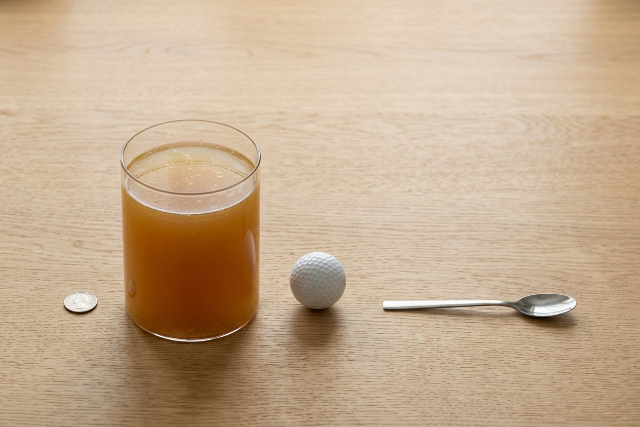What does 1 quart of chicken broth look like? Shown at true scale next to a US quarter, a golf ball and a teaspoon.