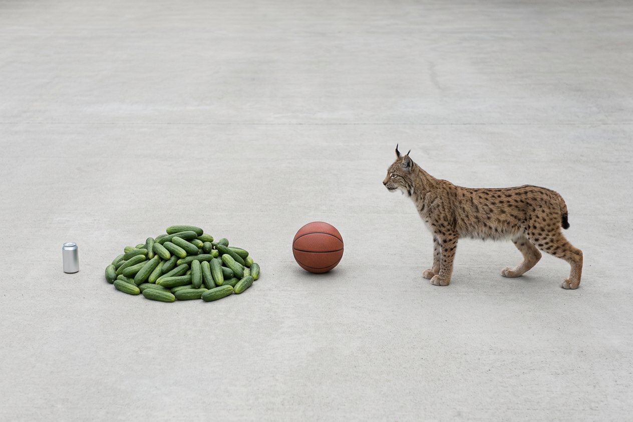 How many cucumbers weigh as much as a lynx? Shown at true scale next to a soda can, a basketball and a lynx.