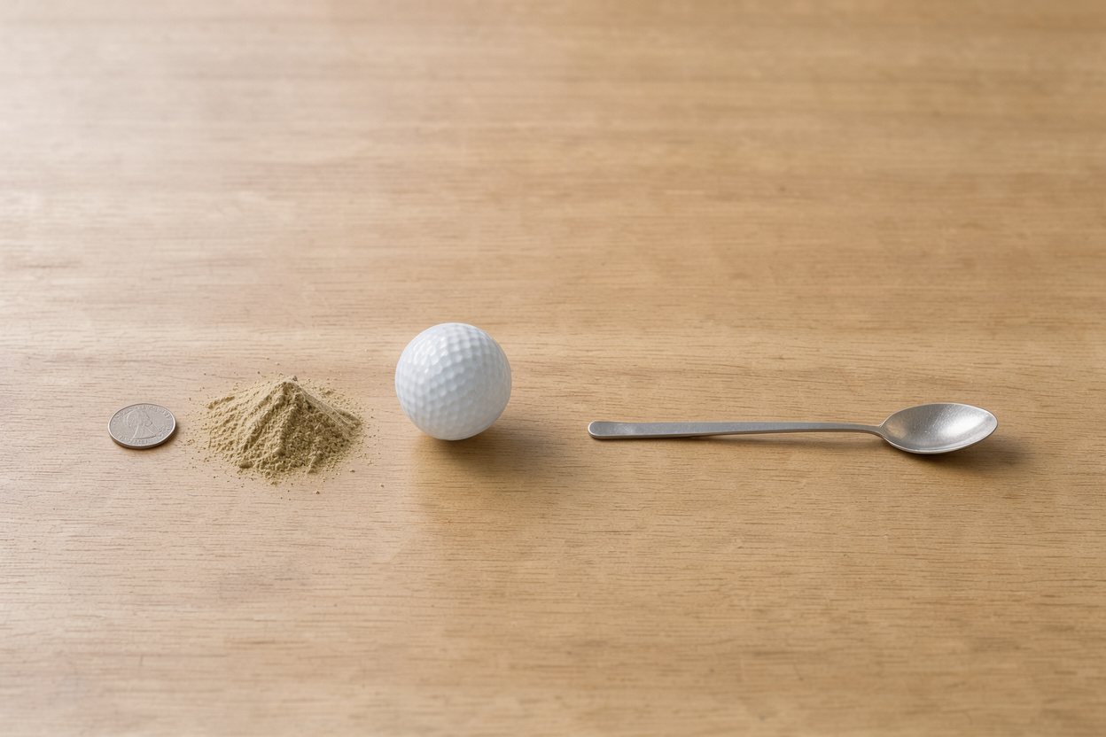 What does 1 tablespoon of wheatgrass powder look like? Shown at true scale next to a US quarter, a golf ball and a teaspoon.
