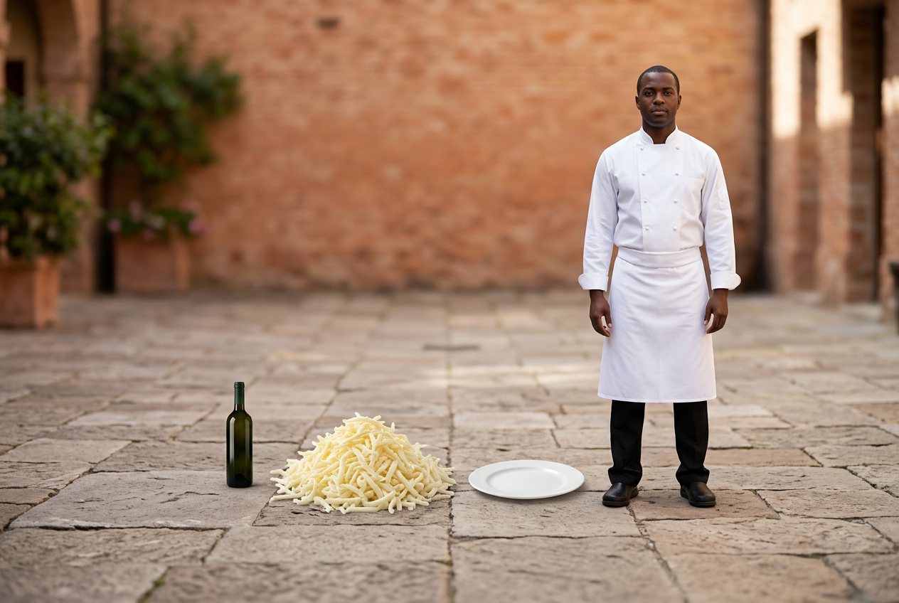 What does 50 pounds of shredded mozzarella look like? Shown at true scale next to a wine bottle, a dinner plate and an adult person.
