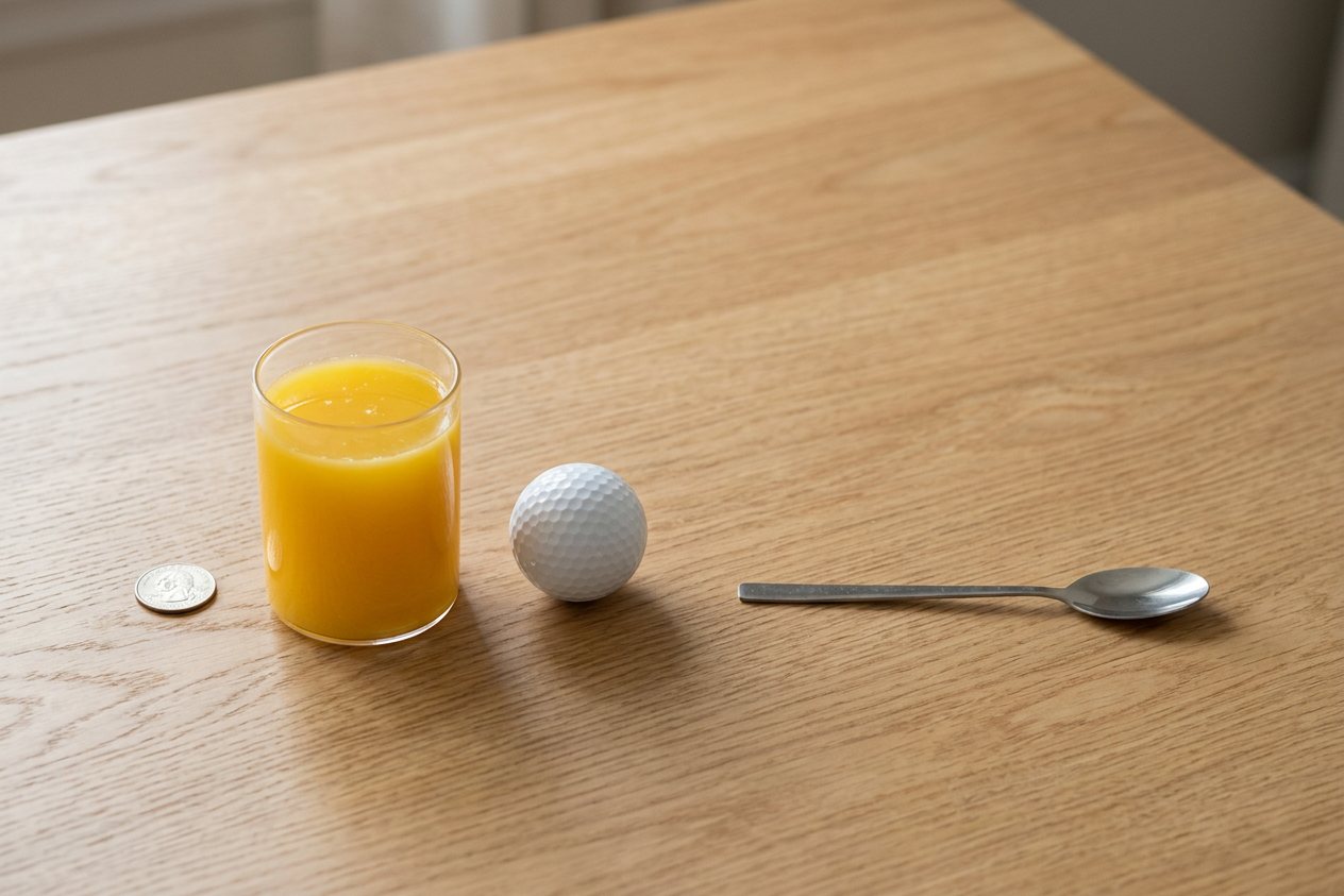 What does 6.75 fluid ounces of orange juice look like? Shown at true scale next to a US quarter, a golf ball and a teaspoon.