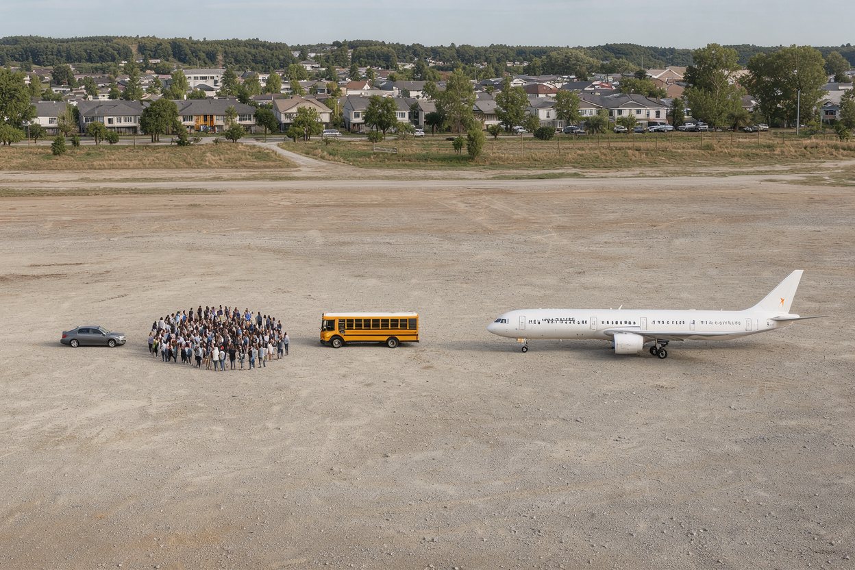 What do 1,000 people look like? Shown at true scale next to a sedan car, a school bus and a semi truck.